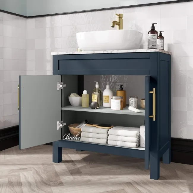 Bermuda Inky Blue Vanity with Marble Top & Curved Counter Top Basin 800mm - Brass Knurled Handles