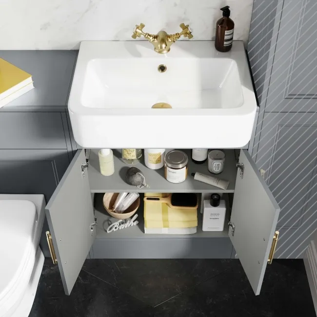 Monaco Dove Grey Combination Vanity Basin and Seattle Toilet 1200mm - Brass Knurled Handles