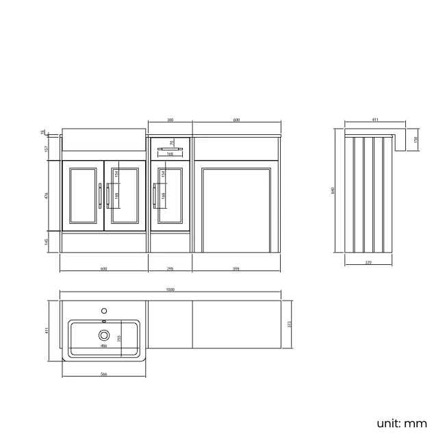 Monaco Dove Grey Combination Vanity Basin 1500mm (Excludes Pan & Cistern) - Brass Knurled Handles