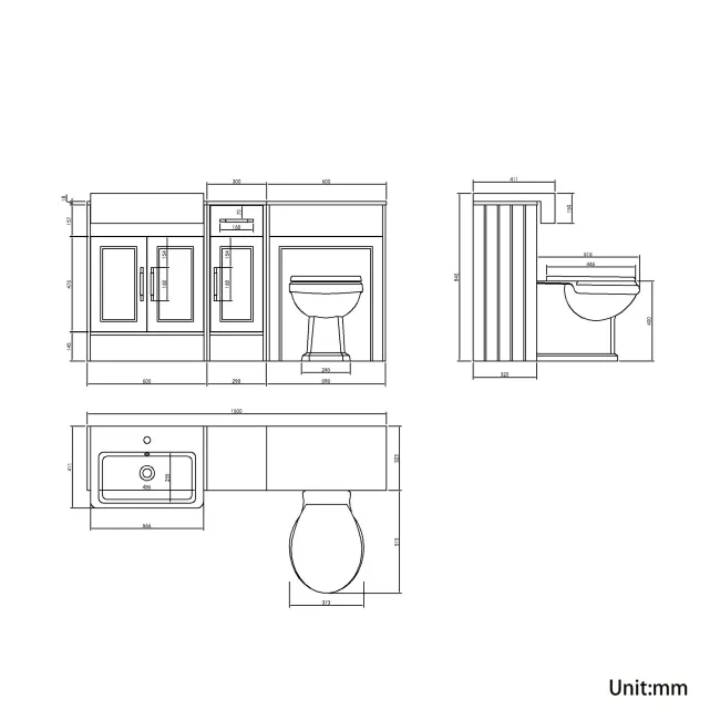 Monaco Dove Grey Combination Vanity Basin and Hudson Toilet with Wooden Seat 1500mm - Brass Knurled Handles