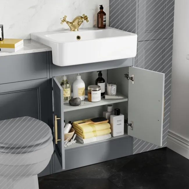 Monaco Dove Grey Combination Vanity Basin with Marble Top 1200mm (Excludes Pan & Cistern) - Brass Knurled Handles