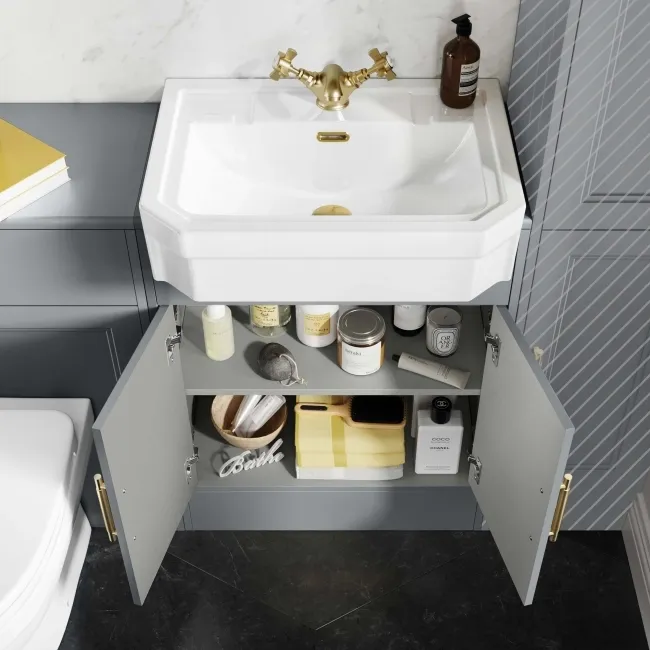 Monaco Dove Grey Combination Vanity Traditional Basin and Seattle Toilet 1200mm - Brass Knurled Handles