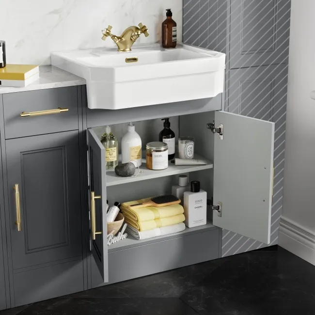 Monaco Dove Grey Combination Vanity Traditional Basin with Marble Top and Seattle Toilet 1500mm - Brass Knurled Handles