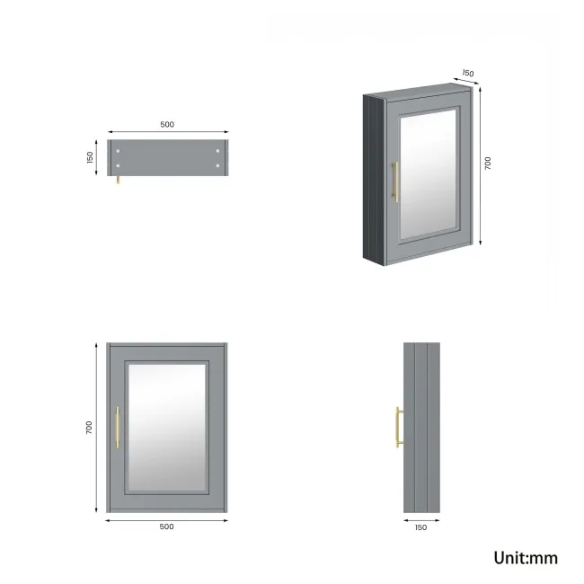 Dove Grey Mirror Cabinet 700x500mm - Brass Knurled Handles