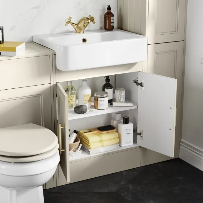 Monaco Chalk White Basin Vanity 600mm - Brass Knurled Handles