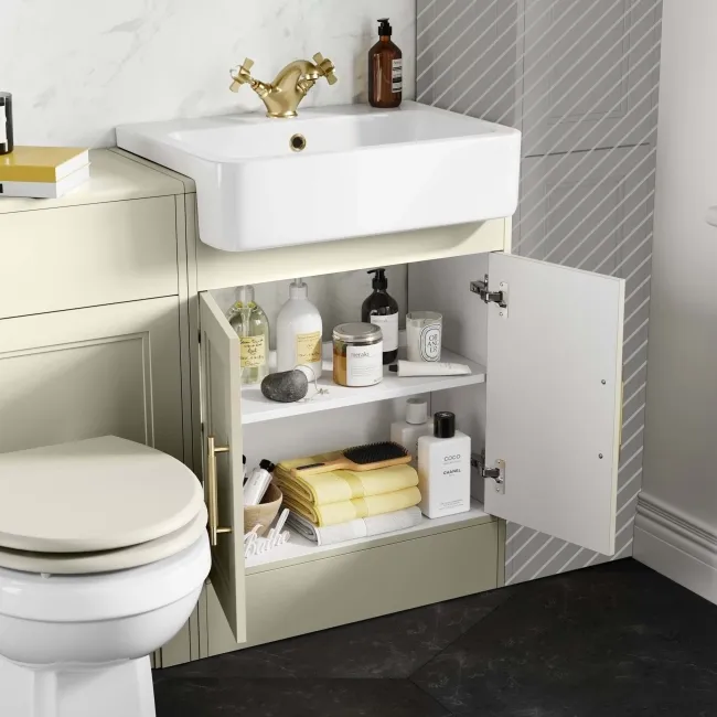 Monaco Chalk White Combination Vanity Basin and Hudson Toilet with Wooden Seat 1200mm - Brass Knurled Handles