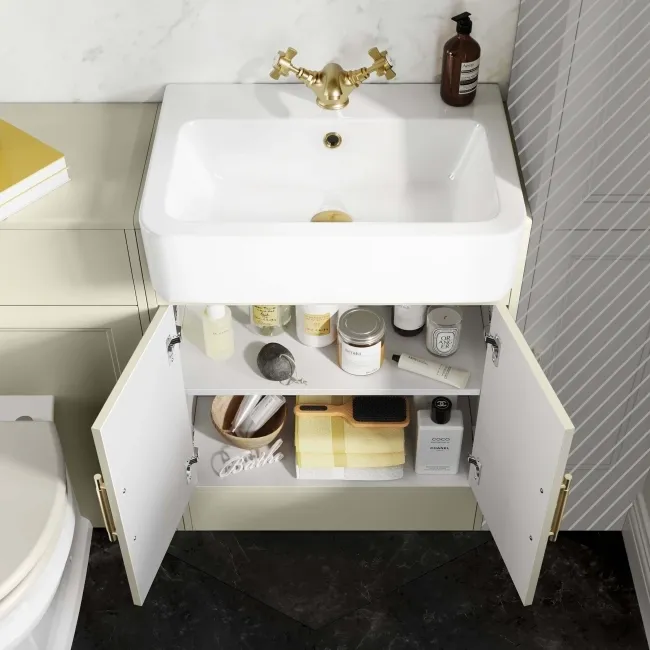 Monaco Chalk White Combination Vanity Basin and Hudson Toilet with Wooden Seat 1200mm - Brass Knurled Handles