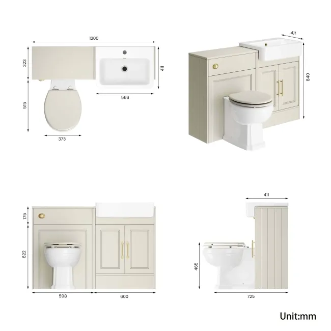 Monaco Chalk White Combination Vanity Basin and Hudson Toilet with Wooden Seat 1200mm - Brass Knurled Handles