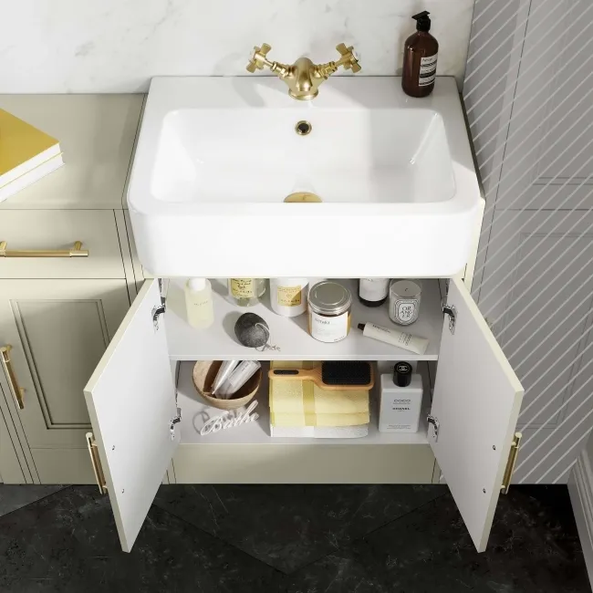Monaco Chalk White Combination Vanity Basin and Seattle Toilet 1500mm - Brass Knurled Handles