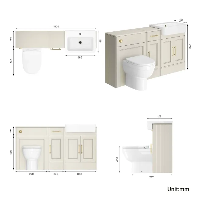 Monaco Chalk White Combination Vanity Basin and Seattle Toilet 1500mm - Brass Knurled Handles