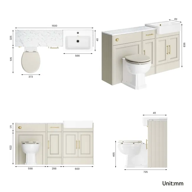 Monaco Chalk White Combination Vanity Basin with Marble Top and Hudson Toilet with Wooden Seat 1500mm - Brass Knurled Handles