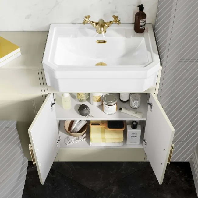 Monaco Chalk White Traditional Basin Vanity and Back To Wall Unit 1200mm (Excludes Pan & Cistern) - Brass Knurled Handles