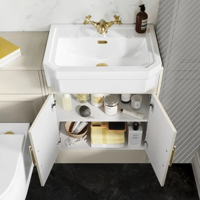 Monaco Chalk White Combination Vanity Traditional Basin and Boston Toilet 1200mm - Brass Knurled Handles