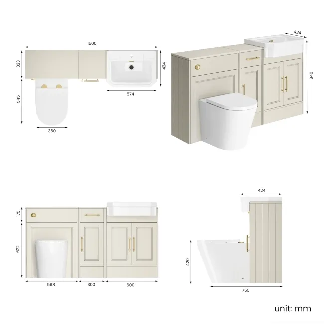 Monaco Chalk White Combination Vanity Traditional Basin and Boston Toilet 1500mm - Brass Knurled Handles