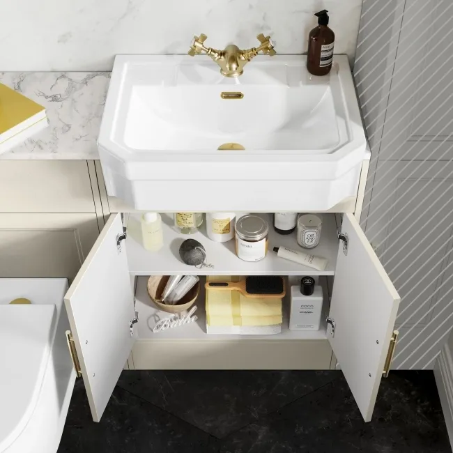 Monaco Chalk White Combination Vanity Traditional Basin with Marble Top & Boston Toilet 1200mm - Brass Knurled Handles