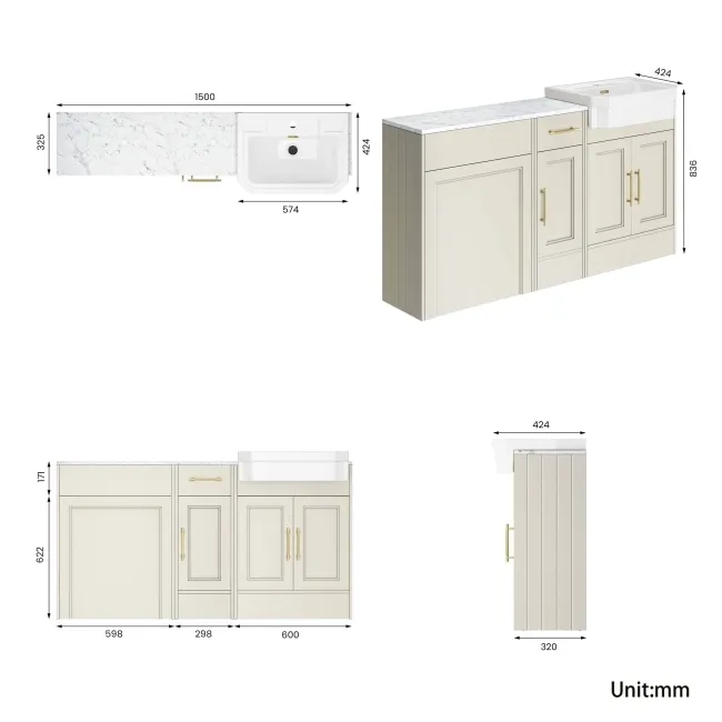 Monaco Chalk White Combination Vanity Traditional Basin with Marble Top 1500mm (Excludes Pan & Cistern) - Brass Knurled Handles