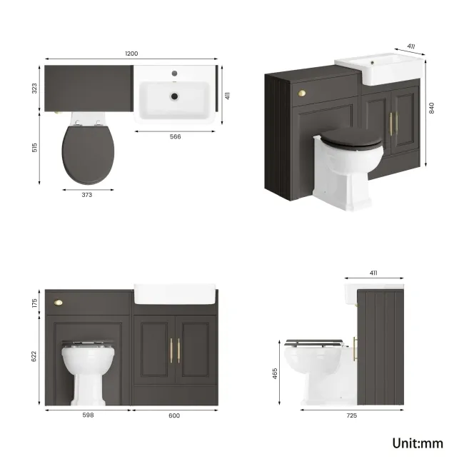Monaco Graphite Grey Combination Vanity Basin and Hudson Toilet with Wooden Seat 1200mm - Brass Knurled Handles