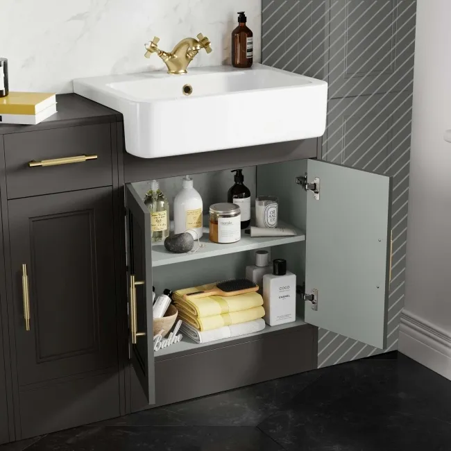 Monaco Graphite Grey Combination Vanity Basin and Hudson Toilet with Wooden Seat 1500mm - Brass Knurled Handles