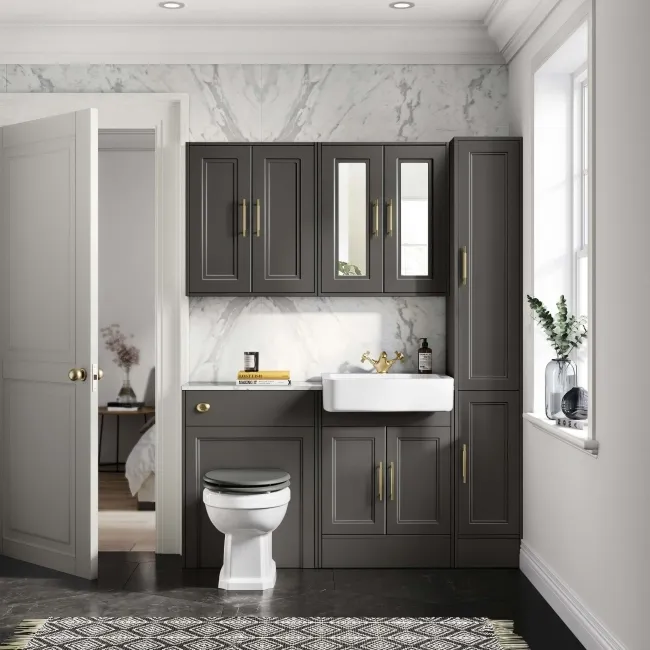 Monaco Graphite Grey Combination Vanity Basin with Marble Top & Hudson Toilet with Wooden Seat 1200mm - Brass Knurled Handles