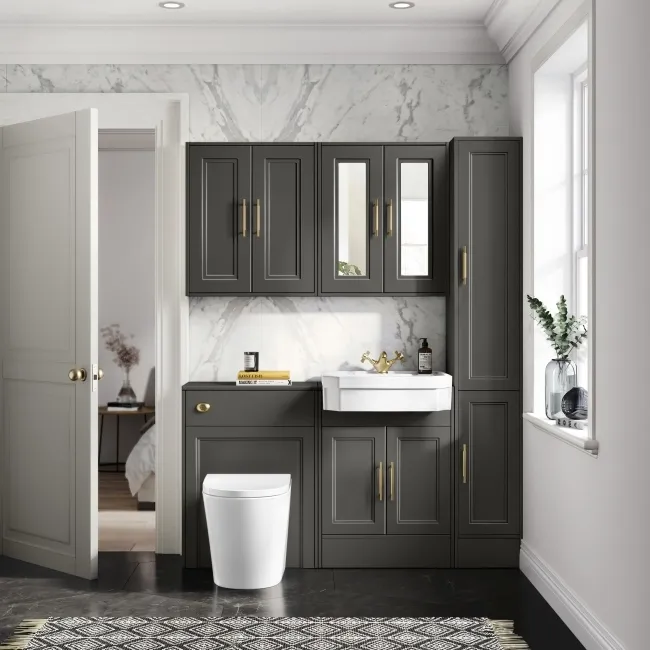 Monaco Graphite Grey Combination Vanity Traditional Basin and Boston Toilet 1200mm - Brass Knurled Handles