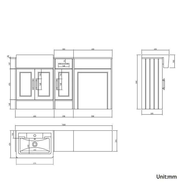 Monaco Graphite Grey Traditional Basin Vanity and Back To Wall Unit 1500mm (Excludes Pan & Cistern) - Brass Knurled Handles