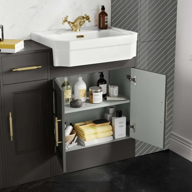 Monaco Graphite Grey Combination Vanity Traditional Basin and Seattle Toilet 1500mm - Brass Knurled Handles