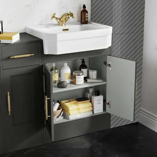 Monaco Graphite Grey Combination Vanity Traditional Basin and Boston Toilet 1500mm - Brass Knurled Handles