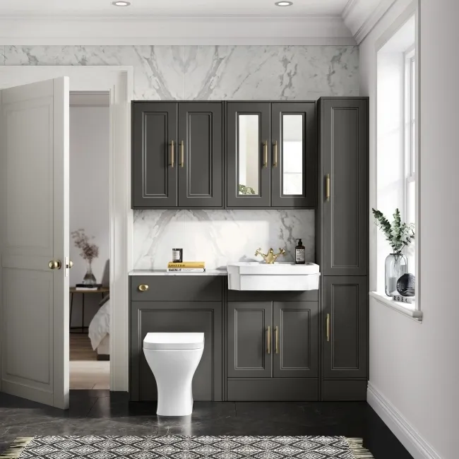 Monaco Graphite Grey Combination Vanity Traditional Basin with Marble Top & Atlanta Toilet 1200mm - Brass Knurled Handles