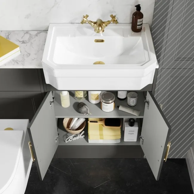 Monaco Graphite Grey Combination Vanity Traditional Basin with Marble Top & Boston Toilet 1200mm - Brass Knurled Handles