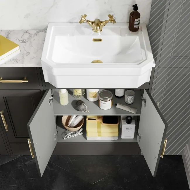 Monaco Graphite Grey Combination Vanity Traditional Basin with Marble Top and Seattle Toilet 1500mm - Brass Knurled Handles