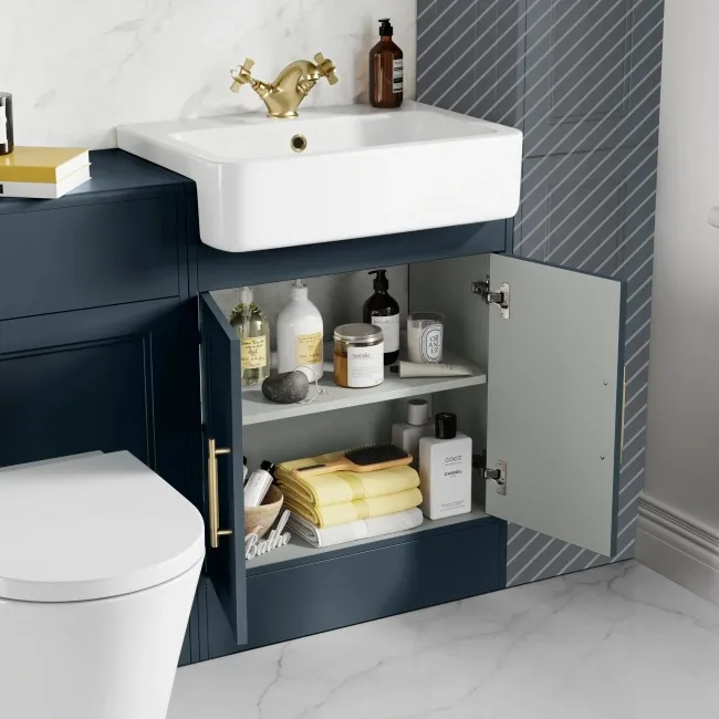 Monaco Inky Blue Combination Vanity Basin and Boston Toilet 1200mm - Brass Knurled Handles
