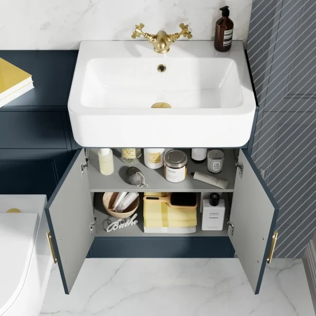 Monaco Inky Blue Combination Vanity Basin and Boston Toilet 1200mm - Brass Knurled Handles