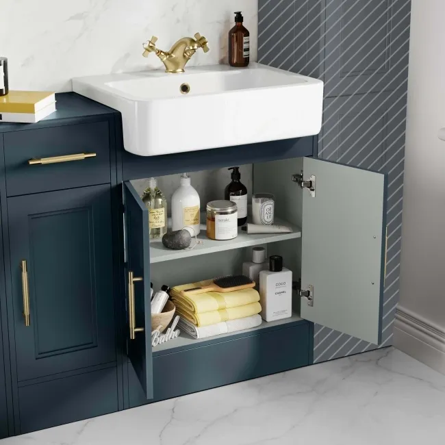 Monaco Inky Blue Combination Vanity Basin and Seattle Toilet 1500mm - Brass Knurled Handles