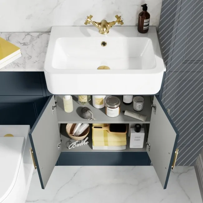 Monaco Inky Blue Combination Vanity Basin with Marble Top & Boston Toilet 1200mm - Brass Knurled Handles