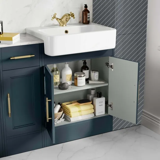 Monaco Inky Blue Combination Vanity Basin with Marble Top and Seattle Toilet 1500mm - Brass Knurled Handles