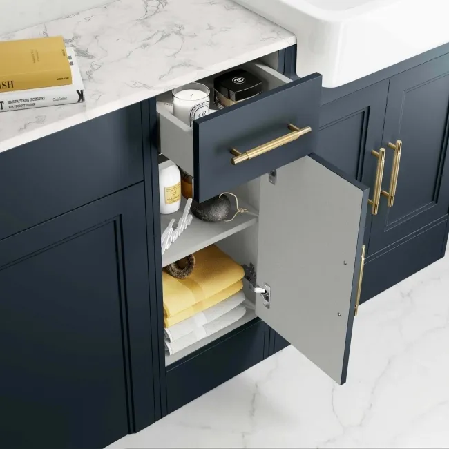 Monaco Inky Blue Combination Vanity Basin with Marble Top and Seattle Toilet 1500mm - Brass Knurled Handles