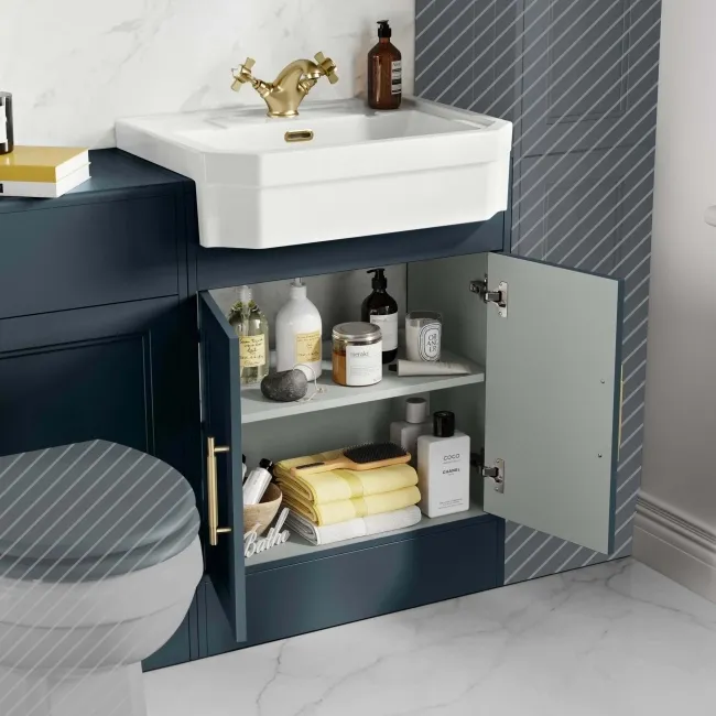 Monaco Inky Blue Traditional Basin Vanity and Back To Wall Unit 1200mm (Excludes Pan & Cistern) - Brass Knurled Handles