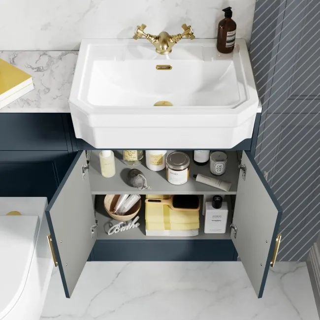 Monaco Inky Blue Combination Vanity Traditional Basin with Marble Top & Boston Toilet 1200mm - Brass Knurled Handles
