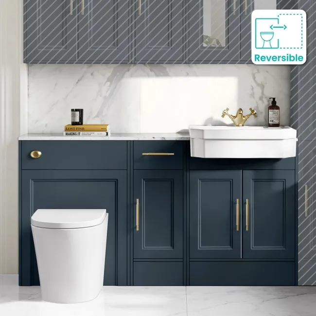 Monaco Inky Blue Combination Vanity Traditional Basin with Marble Top and Boston Toilet 1500mm - Brass Knurled Handles