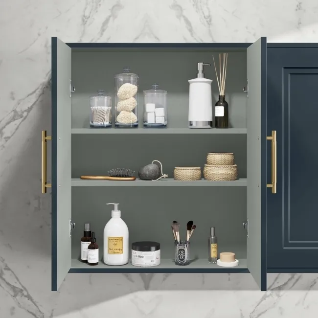 Inky Blue Wall Hung Cabinet 700x600mm - Brass Knurled Handles