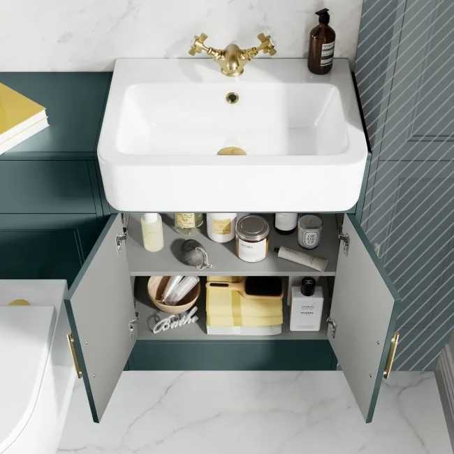 Monaco Midnight Green Combination Vanity Basin and Boston Toilet 1200mm - Brass Knurled Handles