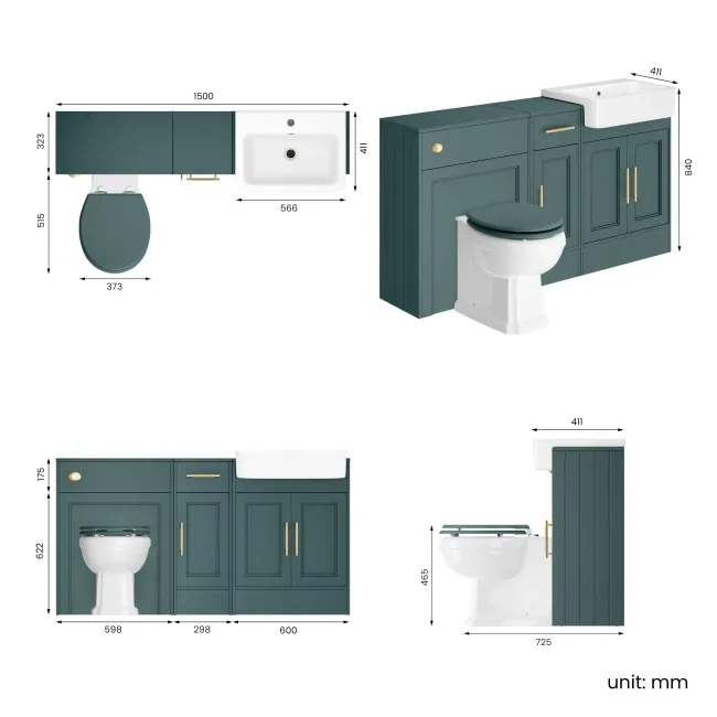 Monaco Midnight Green Combination Vanity Basin and Hudson Toilet with Wooden Seat 1500mm - Brass Knurled Handles