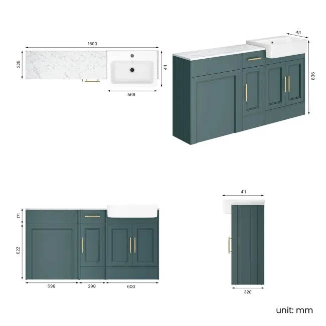 Monaco Midnight Green Combination Vanity Basin with Marble Top 1500mm (Excludes Pan & Cistern) - Brass Knurled Handles