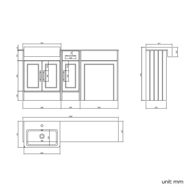 Monaco Midnight Green Combination Vanity Basin with Marble Top 1500mm (Excludes Pan & Cistern) - Brass Knurled Handles