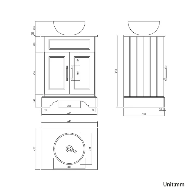 Lucia Chalk White Vanity with Oak Effect Top & Round Counter Top Basin 640mm - Brass Knurled Handles