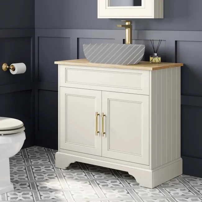 Lucia Chalk White Cabinet with Oak Effect Top 840mm (Excludes Counter Top Basin) - Brass Knurled Handles