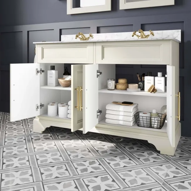 Lucia Chalk White Double Vanity with Marble Top & Undermount Basins 1200mm - Brass Knurled Handles