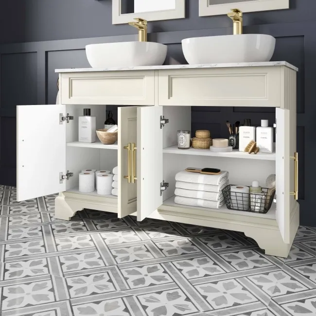 Lucia Chalk White Double Vanity with Marble Top & Curved Counter Top Basin 1200mm - Brass Knurled Handles