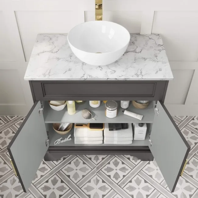 Lucia Graphite Grey Vanity with Marble Top & Round Counter Top Basin 840mm - Brass Knurled Handles
