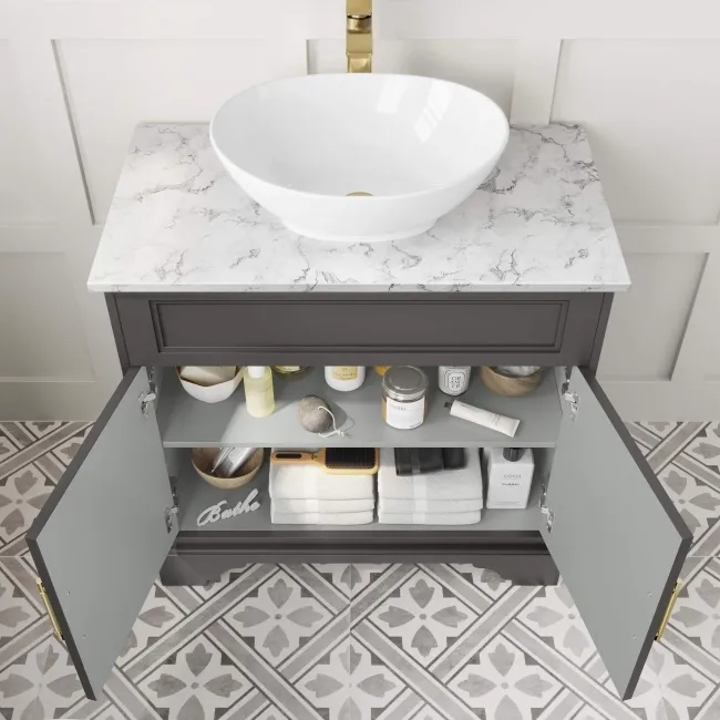 Lucia Graphite Grey Vanity with Marble Top & Oval Counter Top Basin 840mm - Brass Knurled Handles